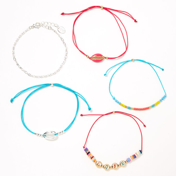 Rainbow Love Cowrie Shell Adjustable Bracelets - 5 Pack,