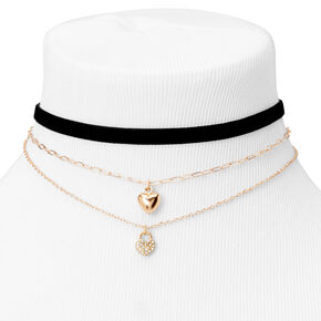 Gold Heart Locket Cord Chain Choker Necklaces - 3 Pack,