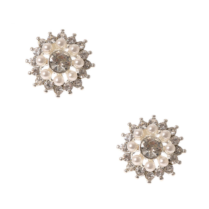 Pearl & Crystal Flower Stud Earrings,
