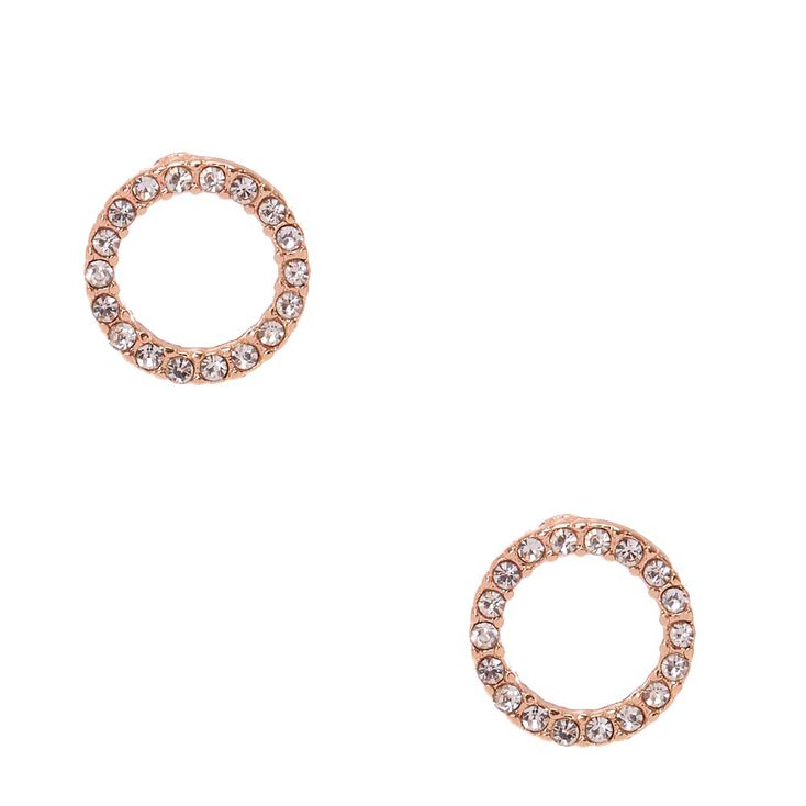 Rose Gold Tone Faux Crystal Lined Open Circle Stud Earrings,