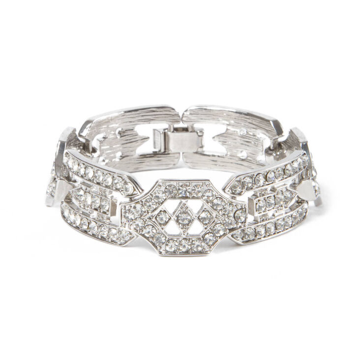 1920s Jewelry Styles History Icing Silver Rhinestone Deco Stretch Bracelet $22.50 AT vintagedancer.com