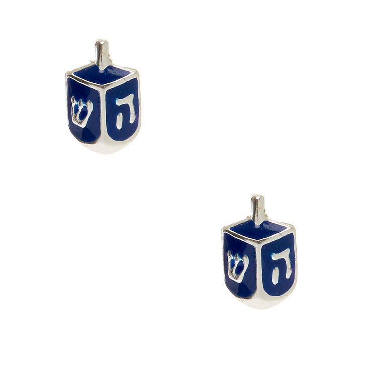 Sterling Silver Dreidel Stud Earrings - Navy,