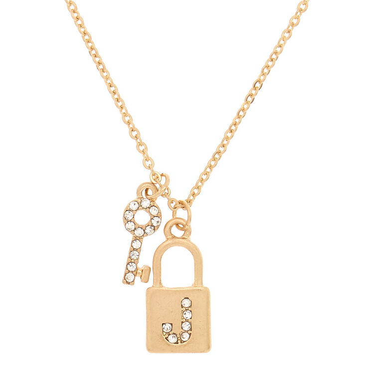 Gold Lock & Key Initial Pendant Necklace - J,