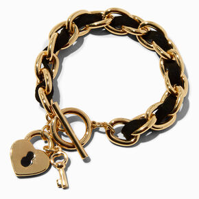 Heart Lock Toggle Chunky Black Woven Chain Link Bracelet,