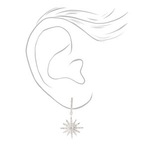 Silver 1&quot; Cubic Zirconia Starburst Drop Earrings,