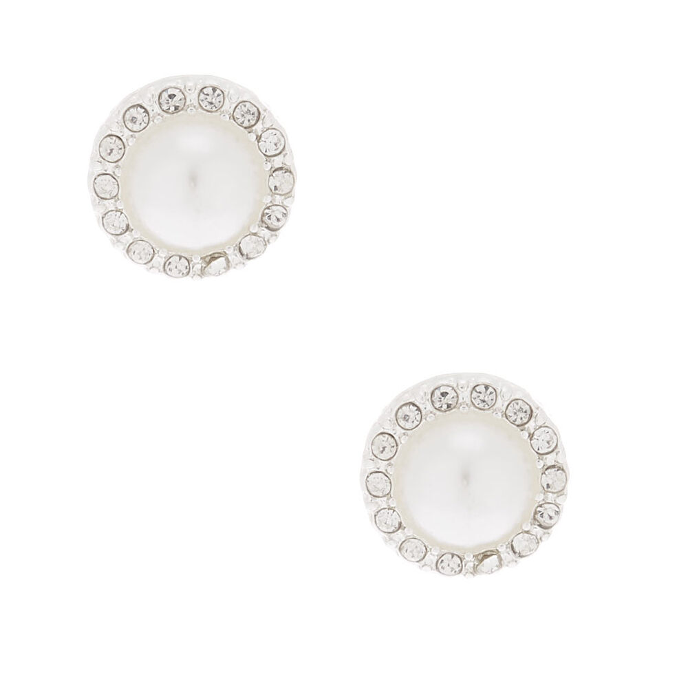 Silver Pearl Crystal Stud Earrings Icing US