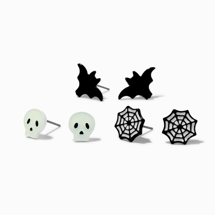 Ghost, Bat, &amp; Spider Web Glow in the Dark Stud Earrings - 3 Pack,