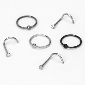 Mixed Metal Stainless Steel Ball &amp; Stone Mixed 20G Nose Rings - 6 Pack,