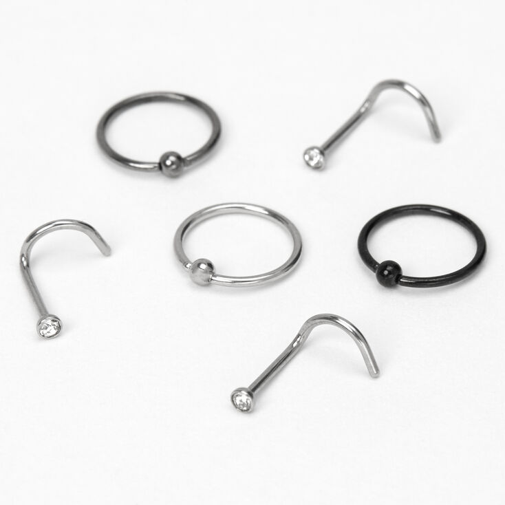 Mixed Metal 20G Ball &amp; Stone Mixed Nose Rings - 6 Pack,
