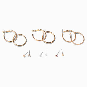 Gold Textured Hoop &amp; Studs Earrings Set - 6 Pack,