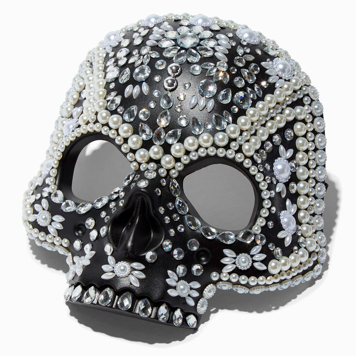 Embellished Gemstone &amp; Pearl Black Skull Mask,