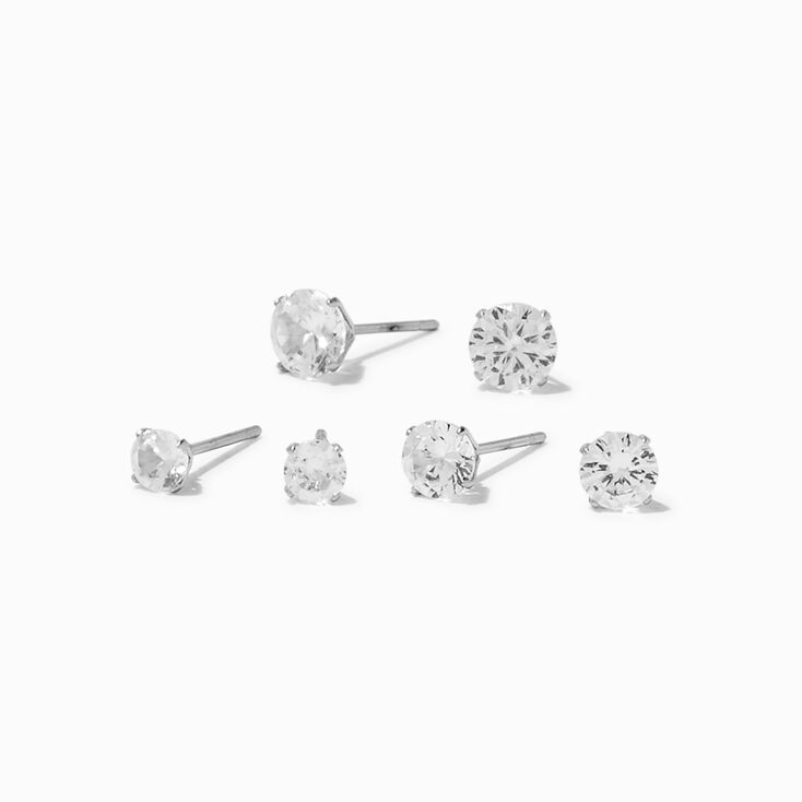 Silver-tone Stainless Steel Round Cubic Zirconia Stud Earrings - 3 Pack,