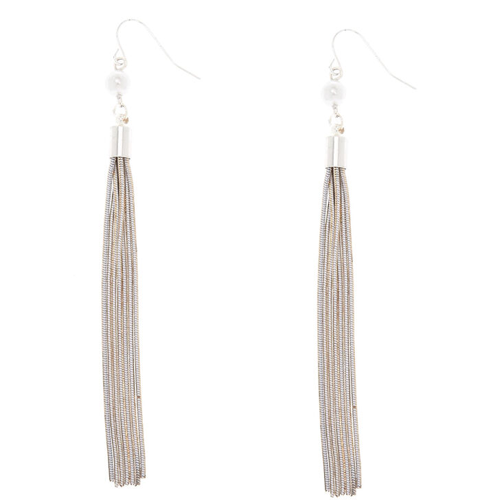 Silver Pearl Tassel Drop Earrings,