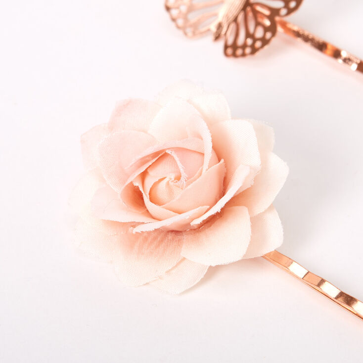 Rose Gold Butterfly Pink Flower Hair Pins - 6 Pack,