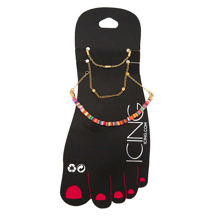 Neon Rainbow Anklet - Gold, 3 Pack,