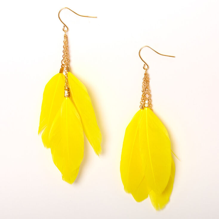 Gold 3.5" Chain Feather Drop Earrings - Yellow,