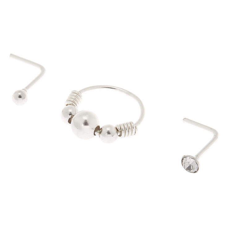 Sterling Silver 22G Beaded Hoop Stud Nose Earring - 3 Pack,