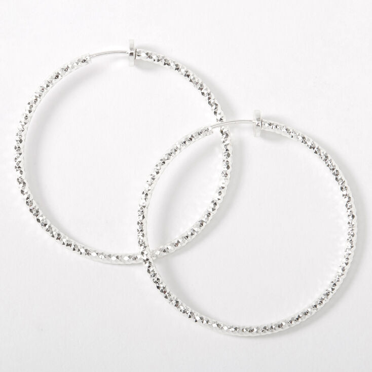 Silver 40MM Laser Cut Spring Clip Hoop Earrings,