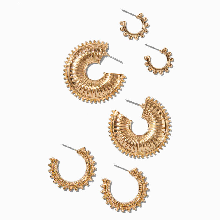 Gold-tone Textured Hoop Earrings - 3 Pack ,