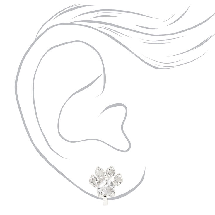 Silver 10MM Cubic Zirconia Paw Print Clip On Stud Earrings,