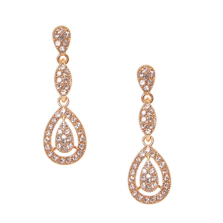 Rose Gold Pav&eacute; Teardrop Rhinestone Drop Earrings,