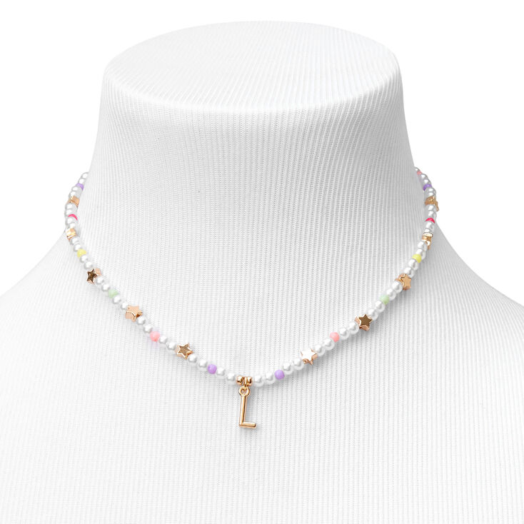 Gold Star &amp; Pastel Pearl Initial Pendant Necklace - L,