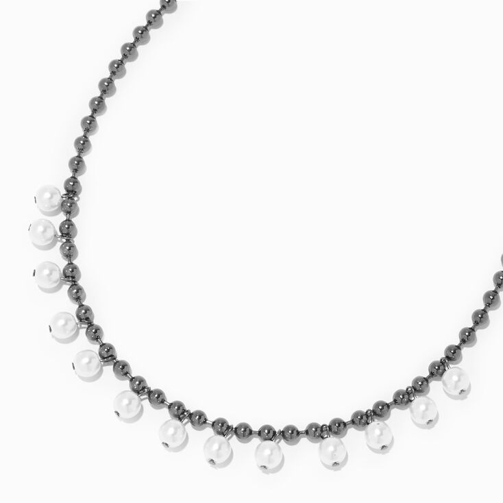 Hematite Beaded White Pearl Confetti Charm Necklace ,
