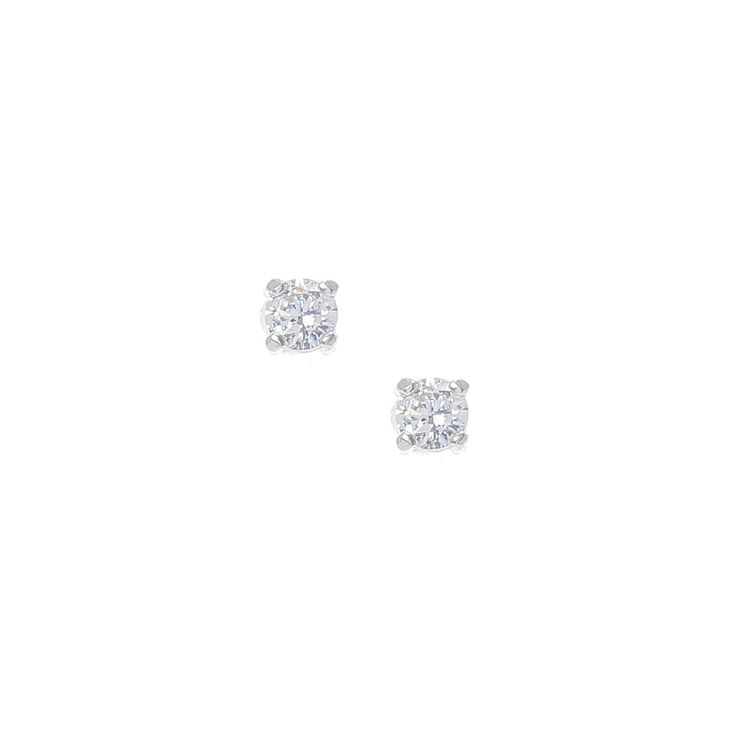 Silver Cubic Zirconia Round Stud Earrings - 3MM,