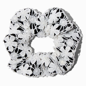 Black &amp; White Floral Crochet Medium Hair Scrunchie,