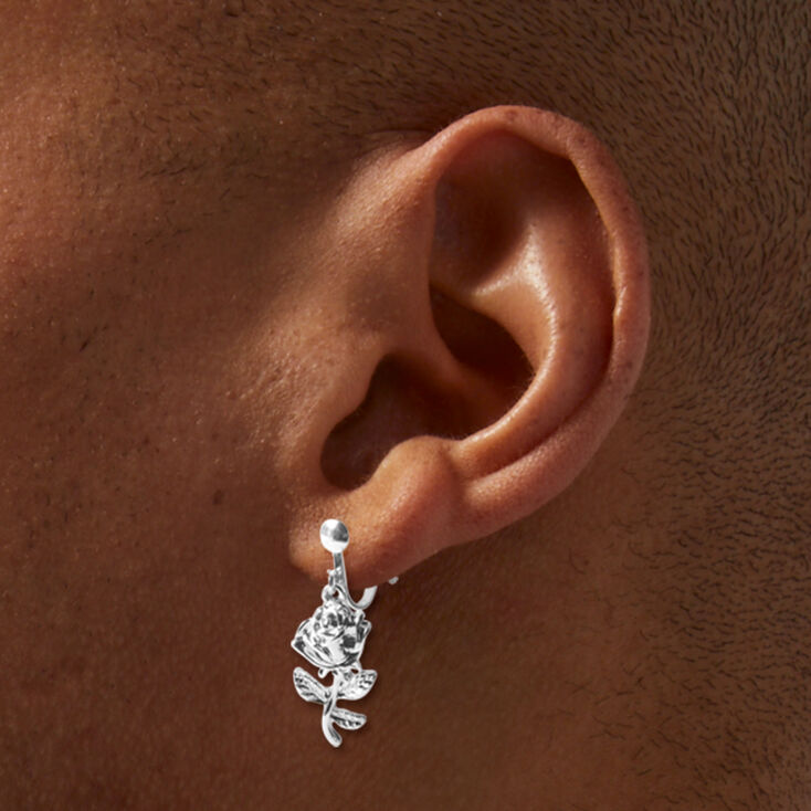 Silver-tone Rose 1&quot; Clip-on Drop Earrings ,