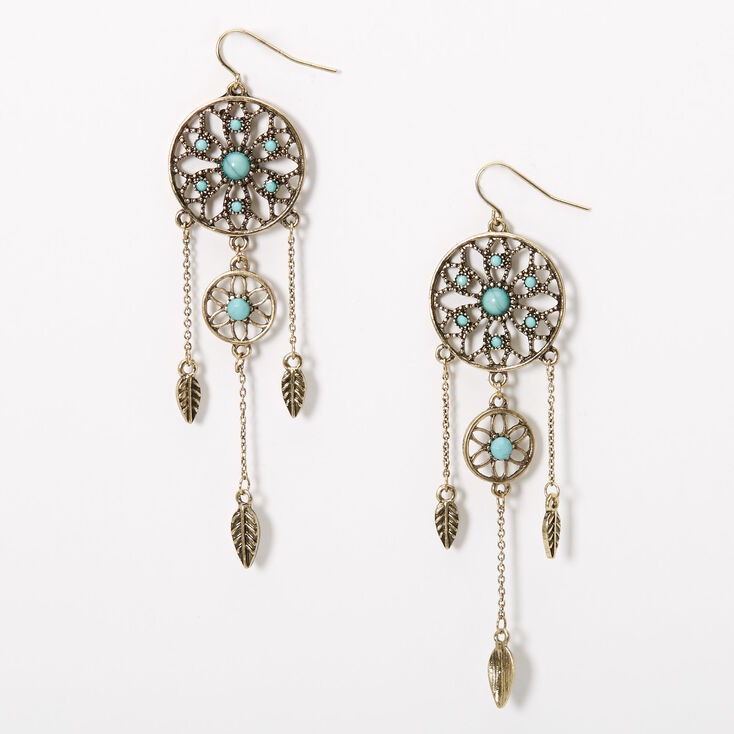 Silver 3.5" Burnished Dreamcatcher Drop Earrings - Turquoise,