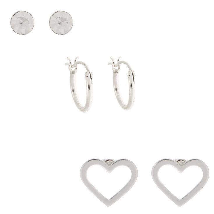 Sterling Silver Mixed Heart Hoops & Stud Earrings - 3 Pack,