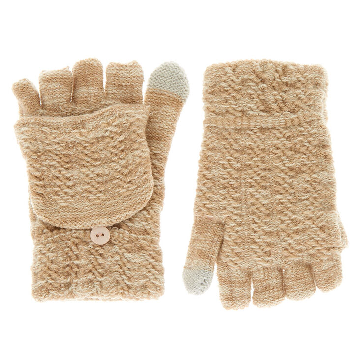 Touch Screen Fingerless Gloves with Mitten Flap - Beige,