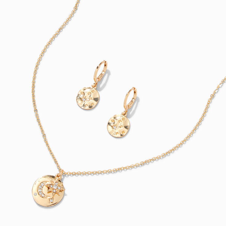 Gold Celestial Disc Pendant Necklace &amp; Huggie Hoop Earrings Set - 2 Pack,
