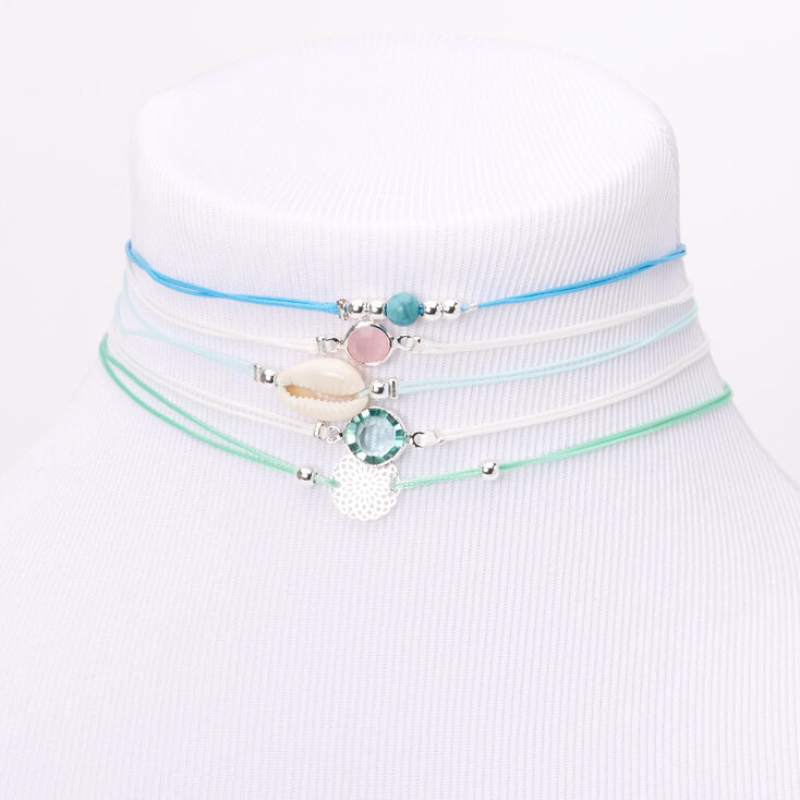 Silver Filigree Seashell Stone Choker Necklaces - Blue, 5 Pack,