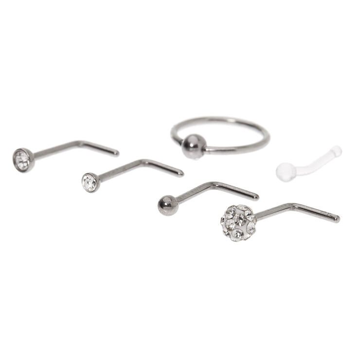 Silver 20G Crystal Heart Stud & Hoop Nose Rings - 6 Pack,