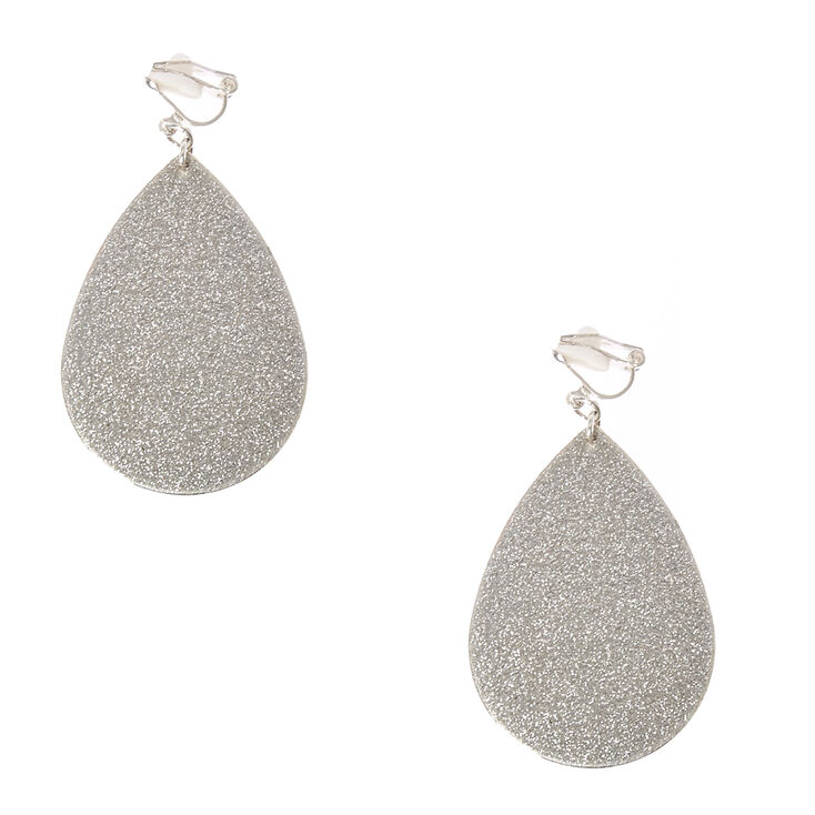 Silver Glitter Teardrop Clip-on Drop Earrings,