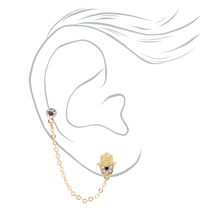 Gold Hamsa Hand Crystal Connector Stud Earrings,