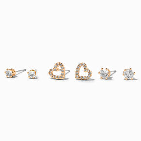 Gold Cubic Zirconia Heart &amp; Stud Earrings - 3 Pack,