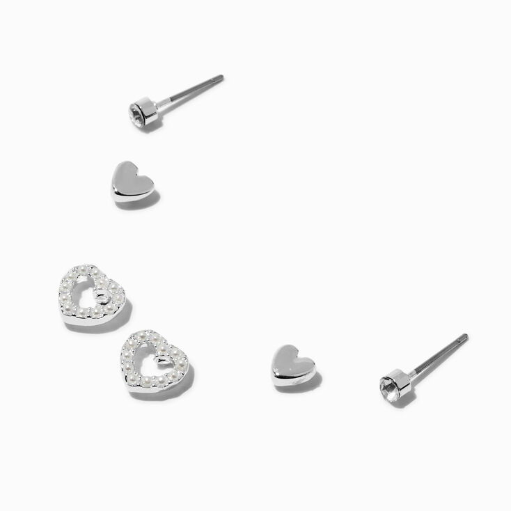 Silver-tone Stacked Pearl Heart Stud Earrings - 3 Pack,