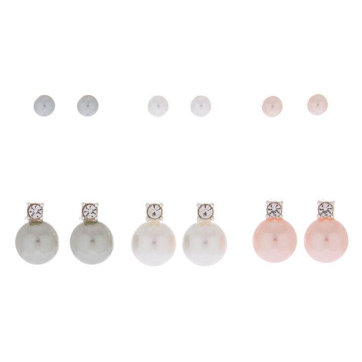 Silver Crystal Pearl Stud Earrings - 6 Pack,