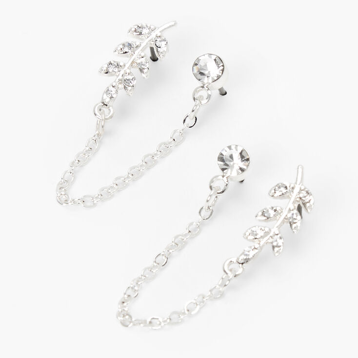 Silver Leaf Connector Chain Stud Earrings,