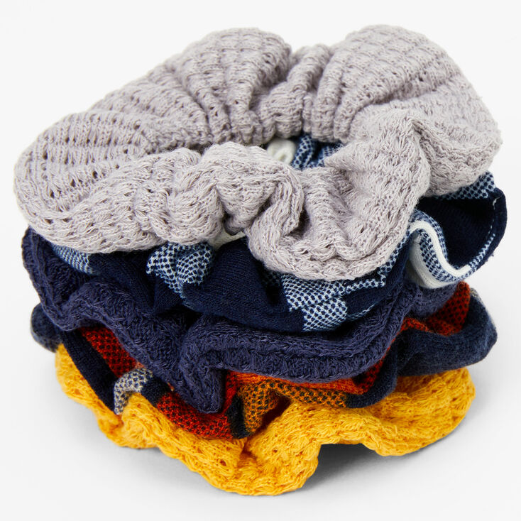 Navy Plaids and Solids Ribbed Knit Hair Scrunchies - 5 Pack,