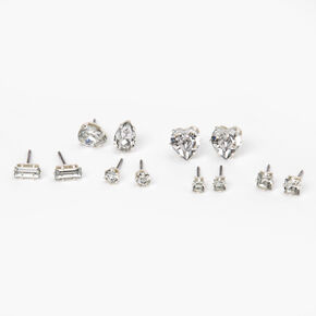 Silver Mixed Crystal Shape Stud Earrings - 6 Pack,