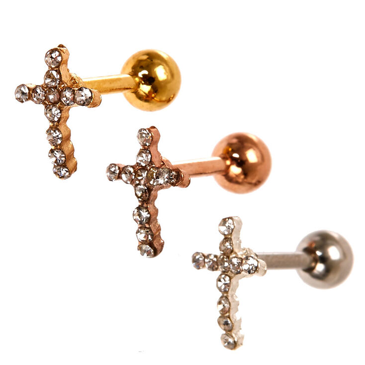 14G Stainless Steel Gold Bling Cross Earrings,