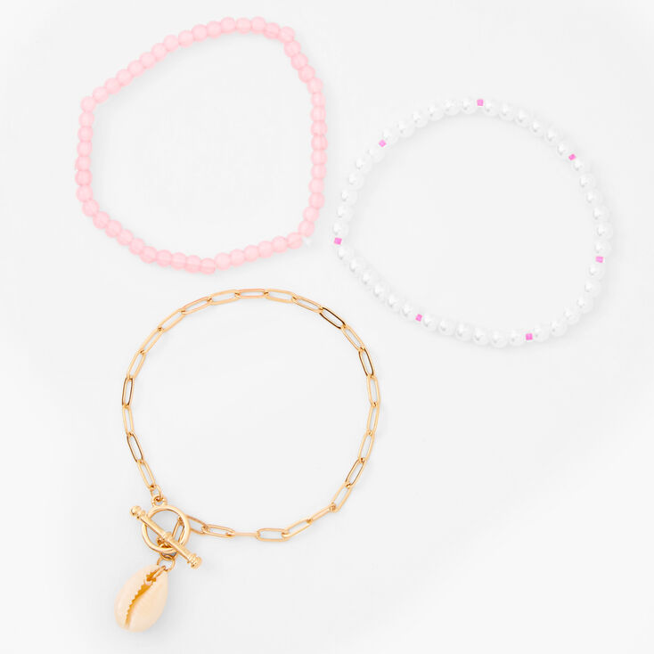 Gold Shell Toggle &amp; Pink Beaded Stretch Bracelet Set - 3 Pack,