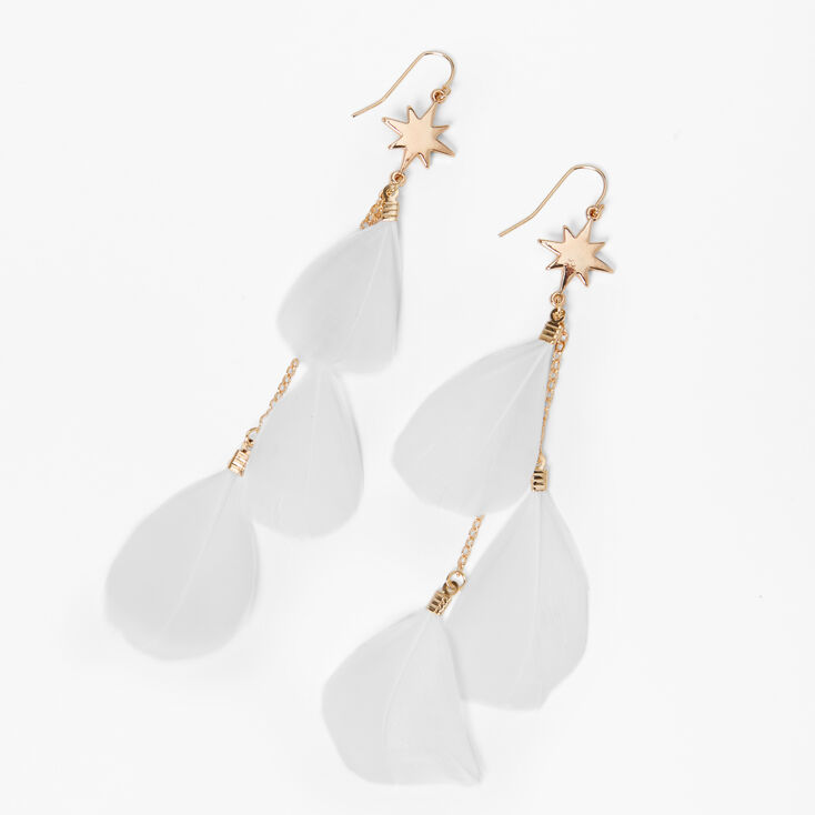 White 4&quot; Feather Gold Starburst Drop Earrings,