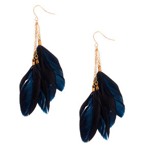 Gold 3.5&quot; Chain Feather Drop Earrings - Black,