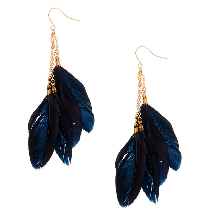 Gold 3.5" Chain Feather Drop Earrings - Black,