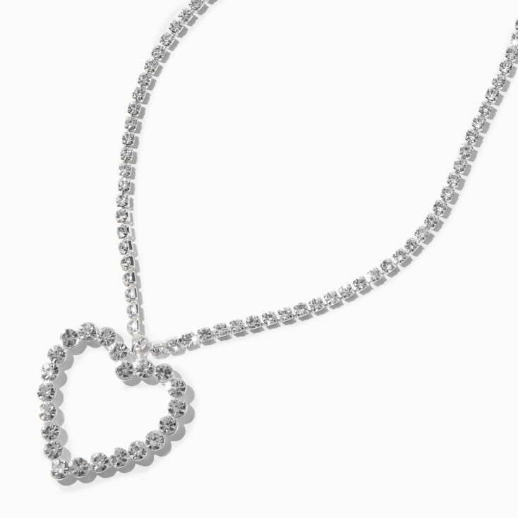 Silver-tone Rhinestone Cup Chain Heart Pendant Necklace ,